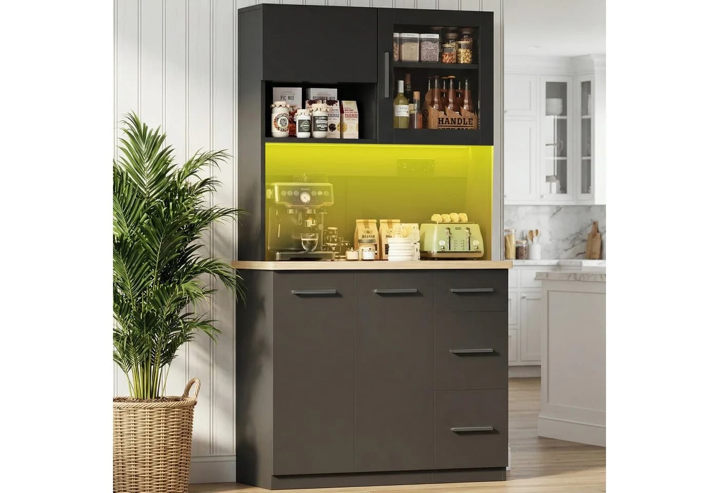 GUNJI Küchenbuffet Schwarz/Weiß mit LED-Beleuchtung und Steckdosen - Bild 2