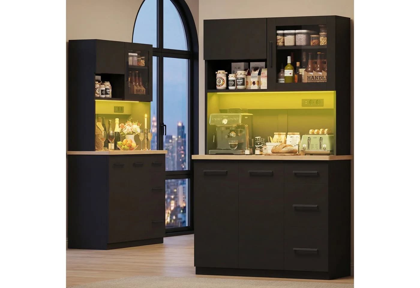 GUNJI Küchenbuffet Schwarz/Weiß mit LED-Beleuchtung und Steckdosen - Bild 3