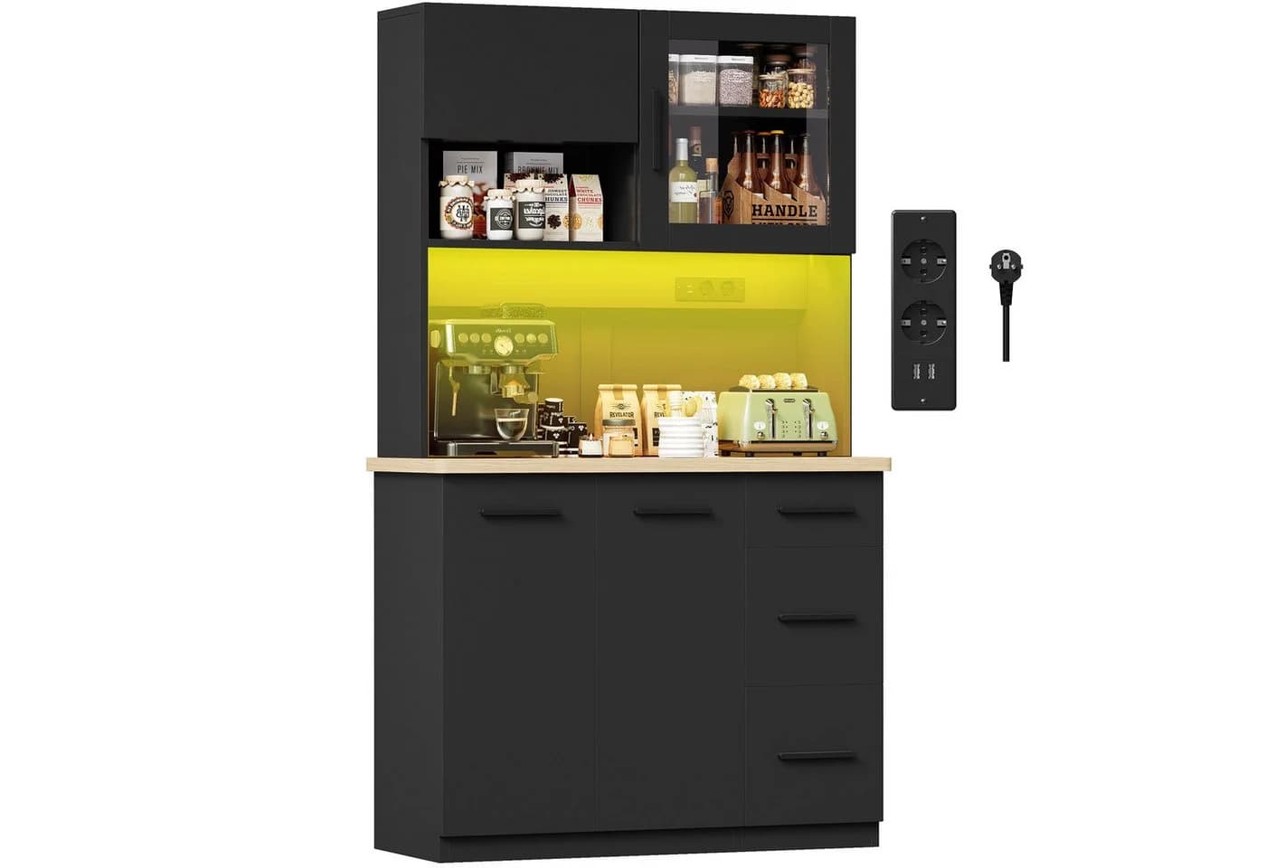 GUNJI Küchenbuffet Schwarz/Weiß mit LED-Beleuchtung und Steckdosen - Bild 4