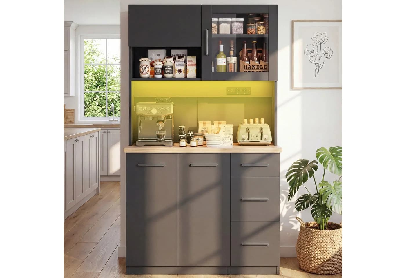 GUNJI Küchenbuffet Schwarz/Weiß mit LED-Beleuchtung und Steckdosen - Bild 5