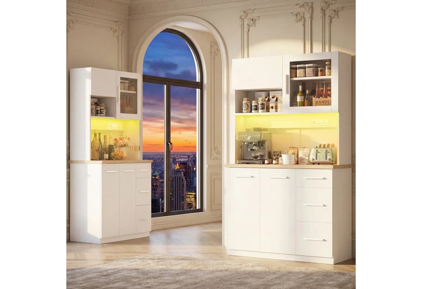 GUNJI Küchenbuffet mit LED-Beleuchtung, Steckdosen & USB, Weiß