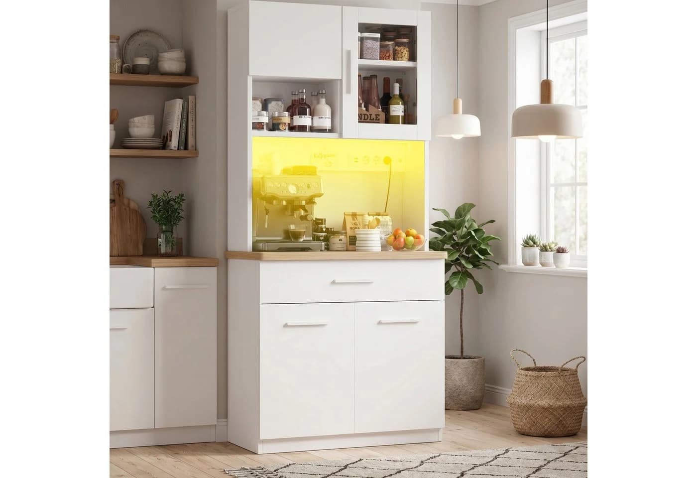 HOMALL Küchenbuffet Geschirrschrank Weiß mit LED und Steckdose