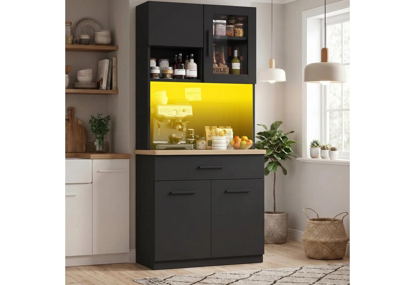 HOMALL Küchenbuffet Geschirrschrank Weiß mit LED-Beleuchtung und Steckdose