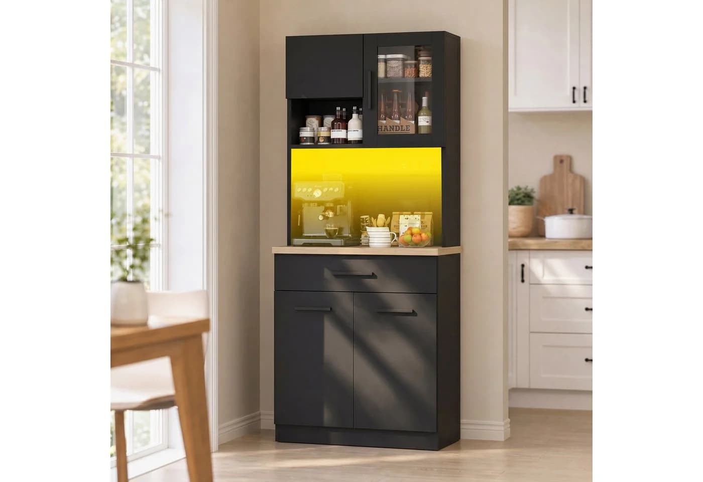 HOMALL Küchenbuffet Geschirrschrank Weiß mit LED-Beleuchtung und Steckdose - Bild 2