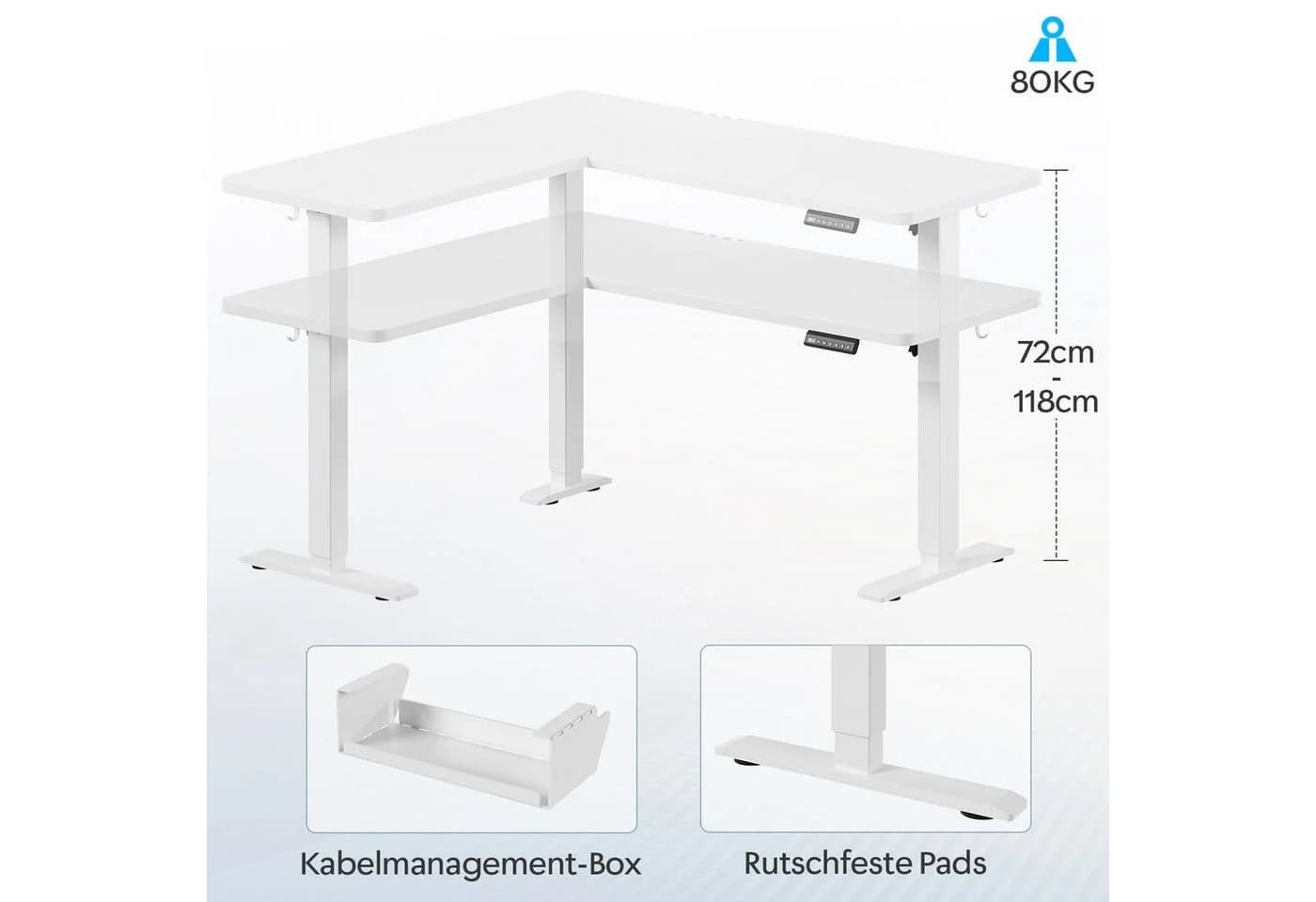 HOMALL Höhenverstellbarer Eckschreibtisch L-Form Weiß 160x140cm - Bild 4