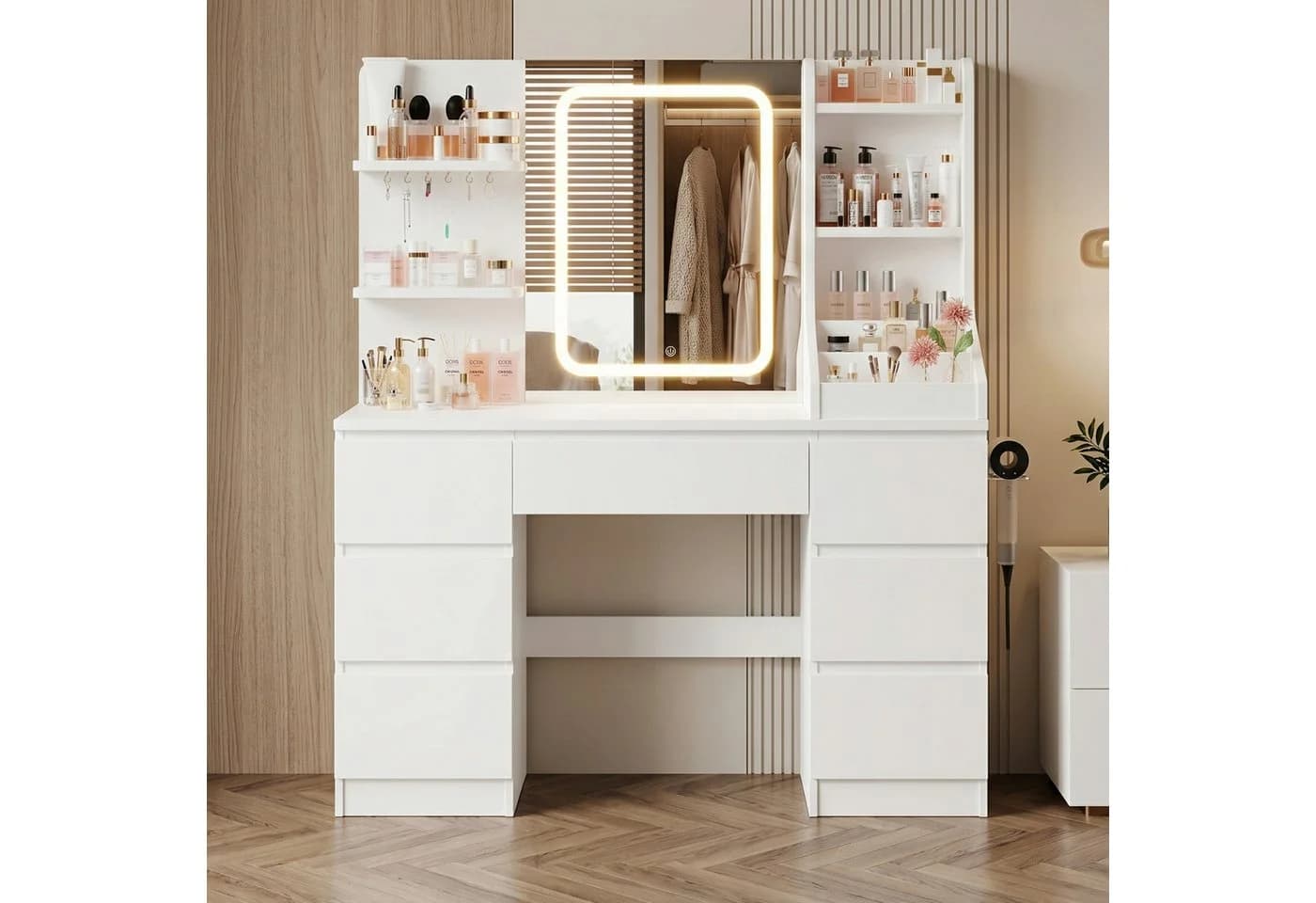 HOMALL Schminktisch mit LED-Spiegel, 7 Schubladen und Steckdosenleiste - Bild 3