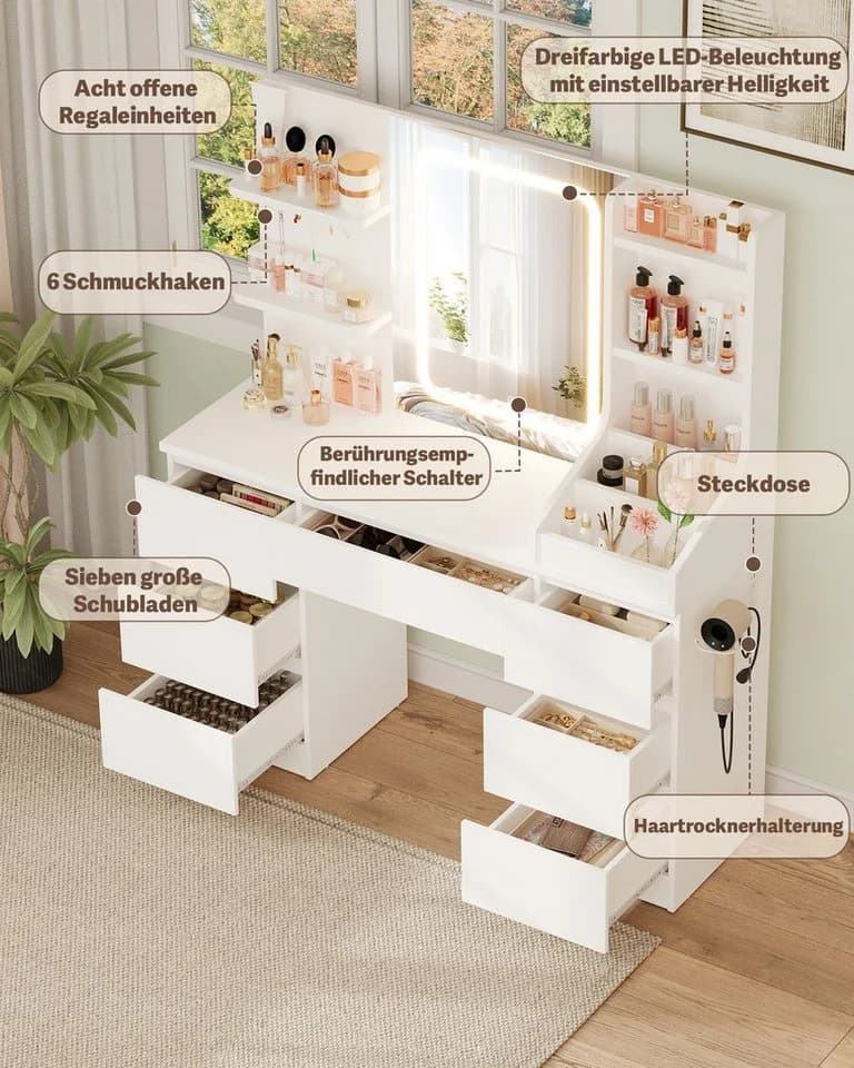 HOMALL Schminktisch mit LED-Spiegel, 7 Schubladen und Steckdosenleiste - Bild 4