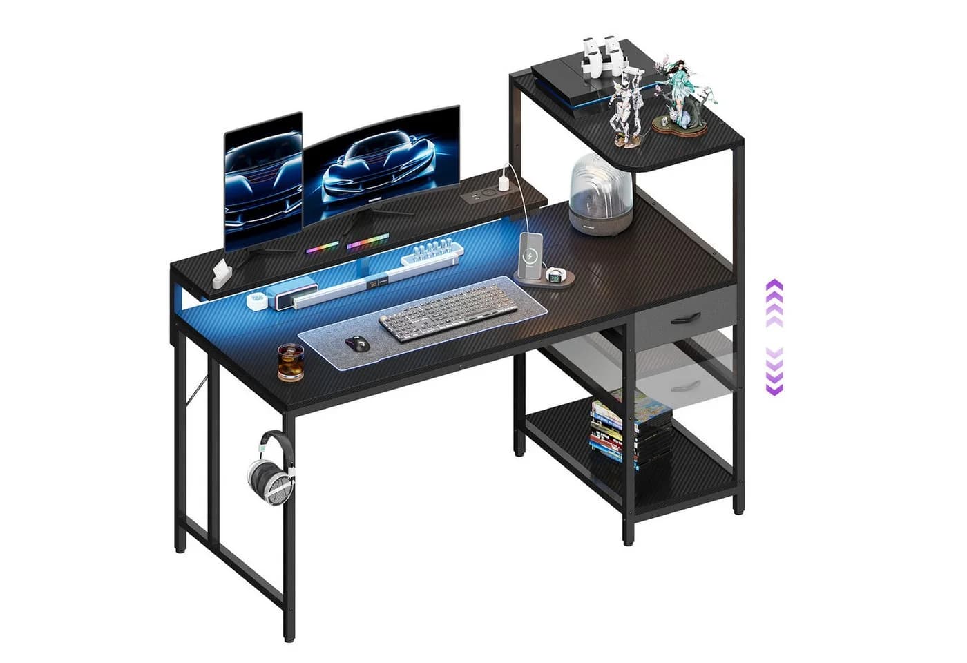 HOMALL Gamingtisch mit LED-Beleuchtung und Steckdose