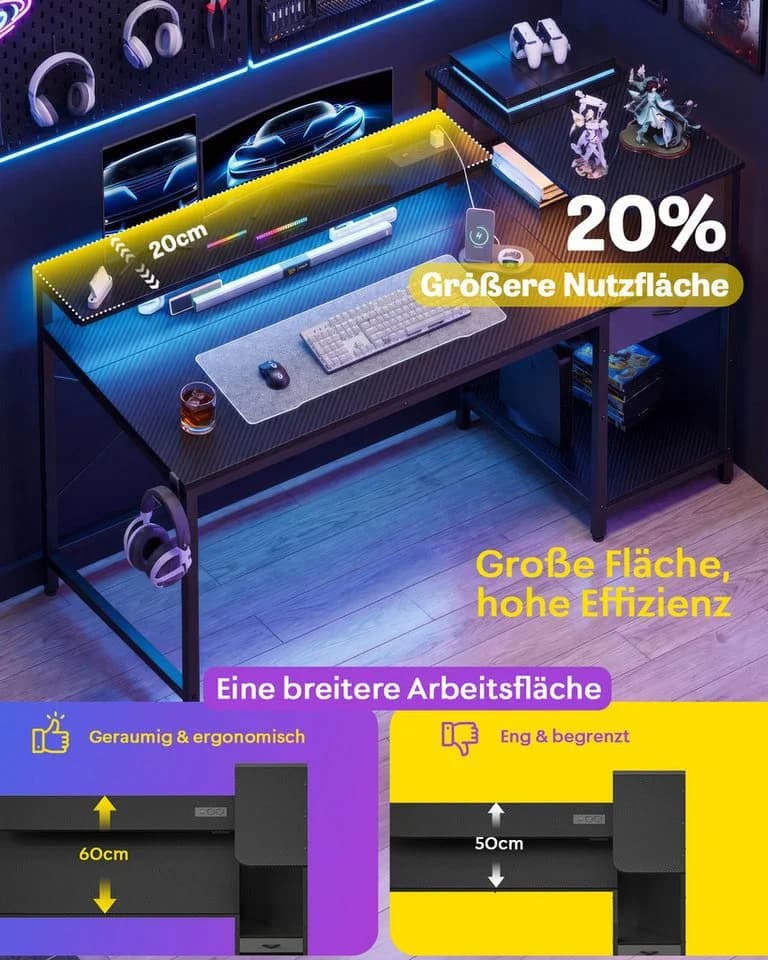 HOMALL Gamingtisch mit LED-Beleuchtung und Steckdose - Bild 4