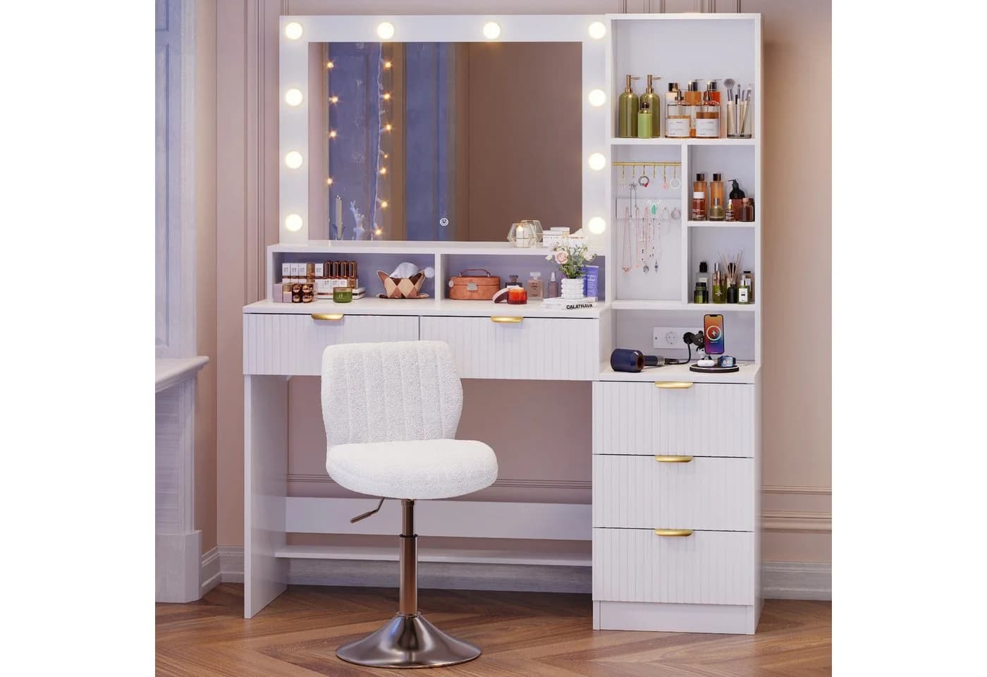 HOMALL Schminktisch mit LED-Spiegel, 5 Schubladen, Steckdosen & USB-Anschluss - Bild 2