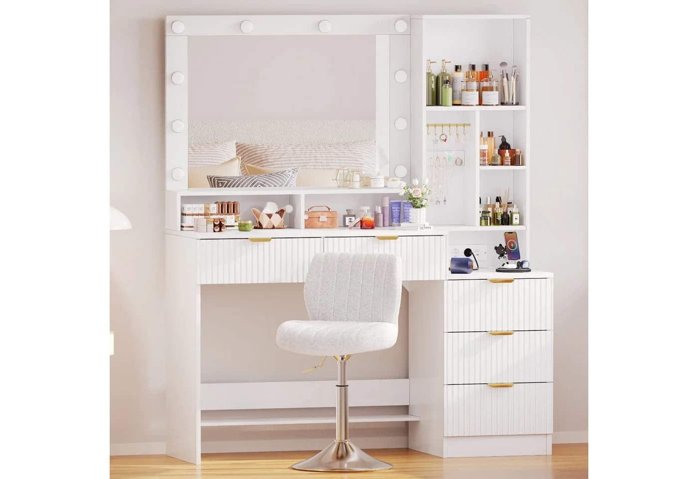 HOMALL Schminktisch mit LED-Spiegel, 5 Schubladen, Steckdosen & USB-Anschluss - Bild 3