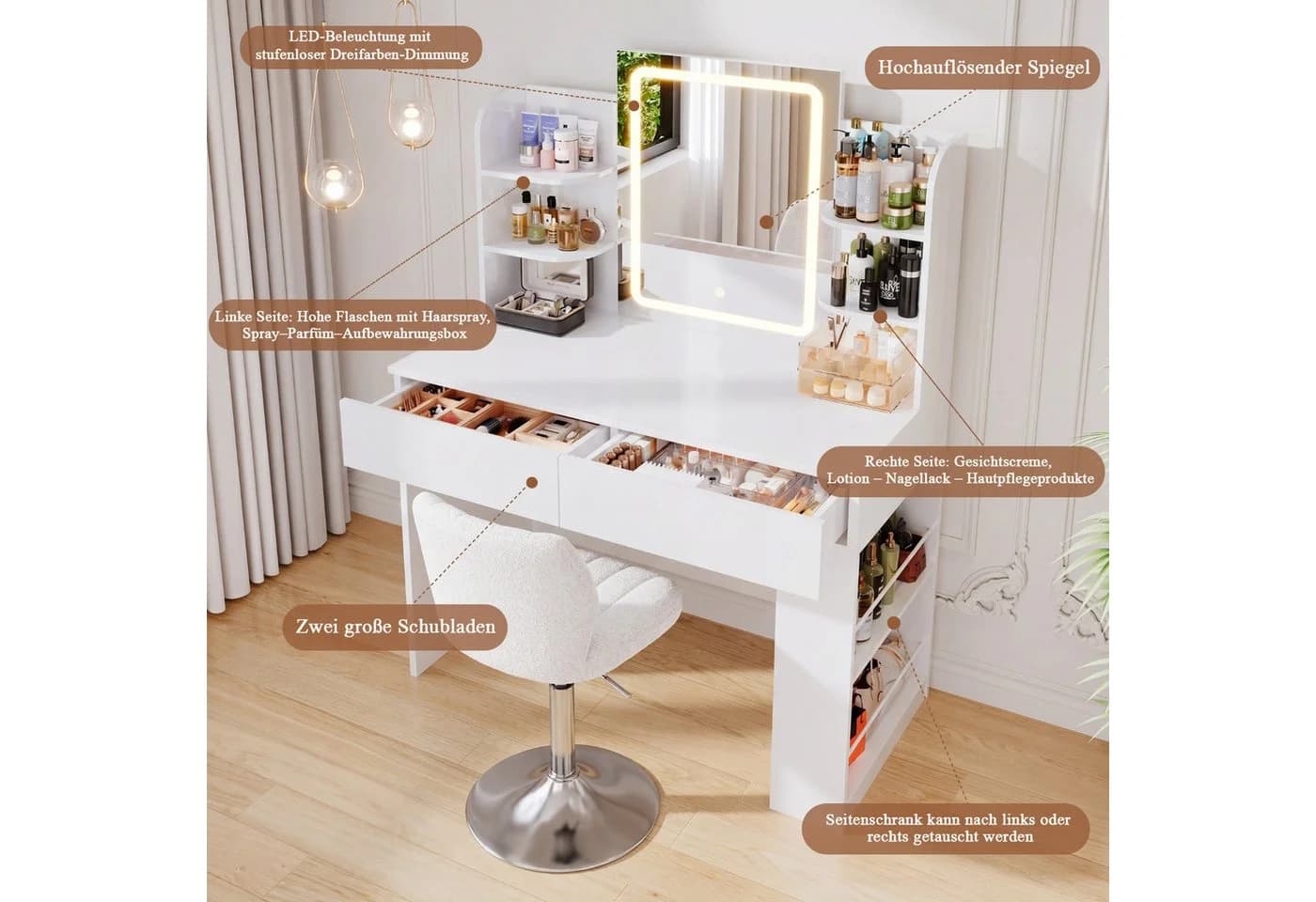 HOMALL Schminktisch Set mit LED-Beleuchtung und 3 Hocker - Bild 5