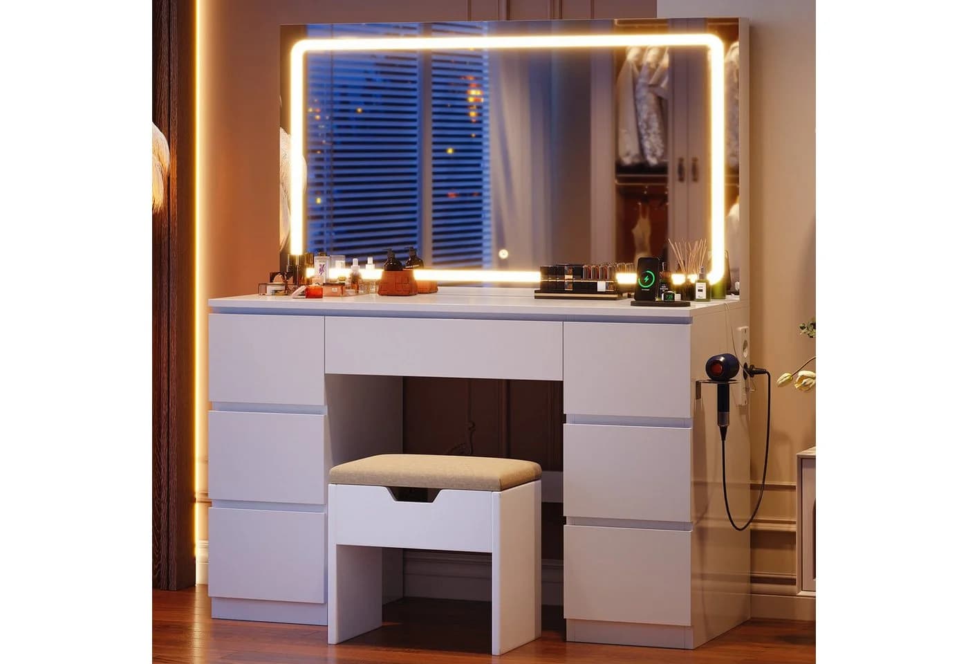 HOMALL Schminktisch mit LED-Spiegel, 7 Schubladen und Steckdosen - Bild 2