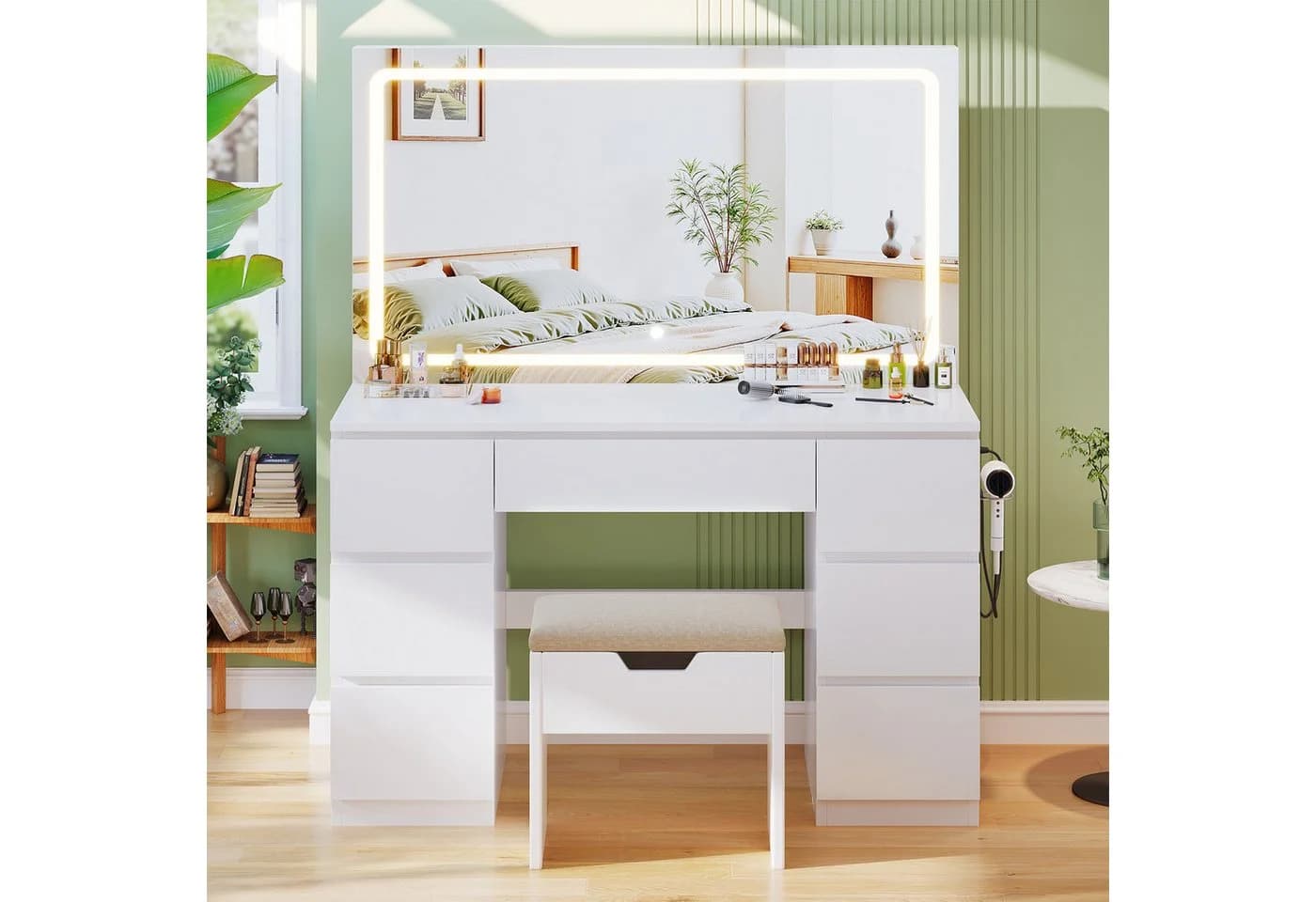 HOMALL Schminktisch mit LED-Spiegel, 7 Schubladen und Steckdosen - Bild 3