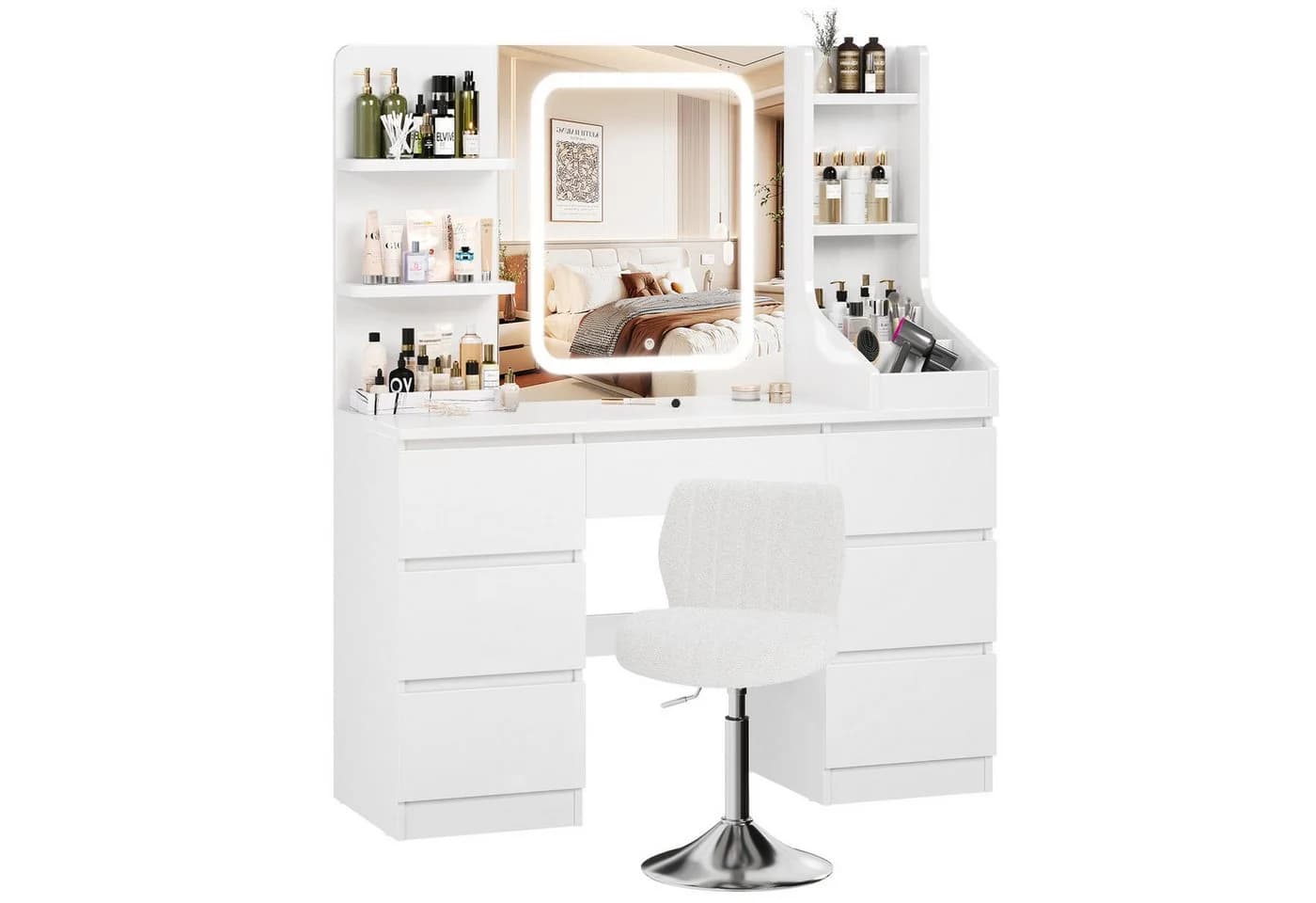 HOMALL Schminktisch Set mit LED-Beleuchtung und Hocker, Weiß/Rosa/Schwarz