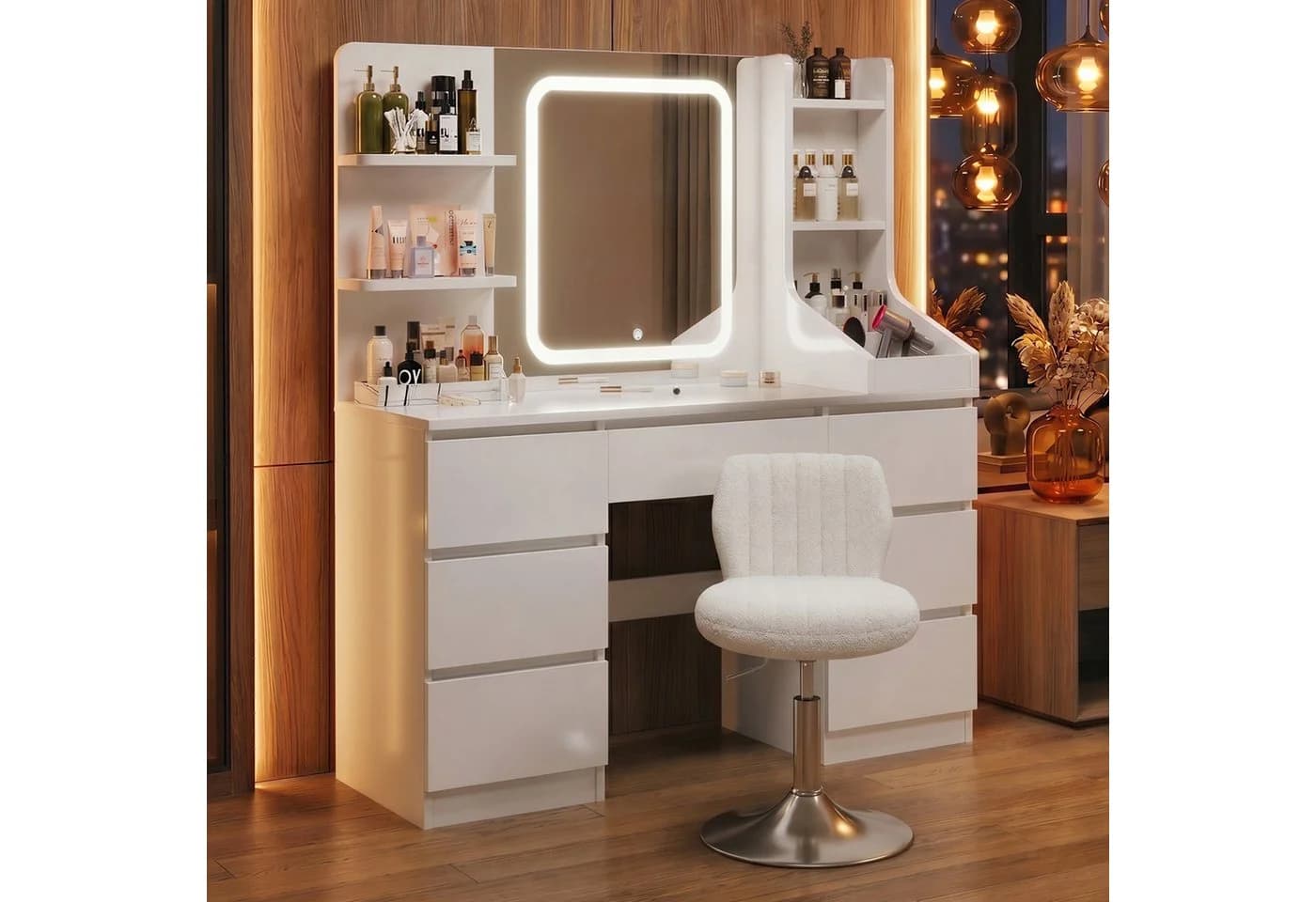 HOMALL Schminktisch Set mit LED-Beleuchtung und Hocker, Weiß/Rosa/Schwarz - Bild 2