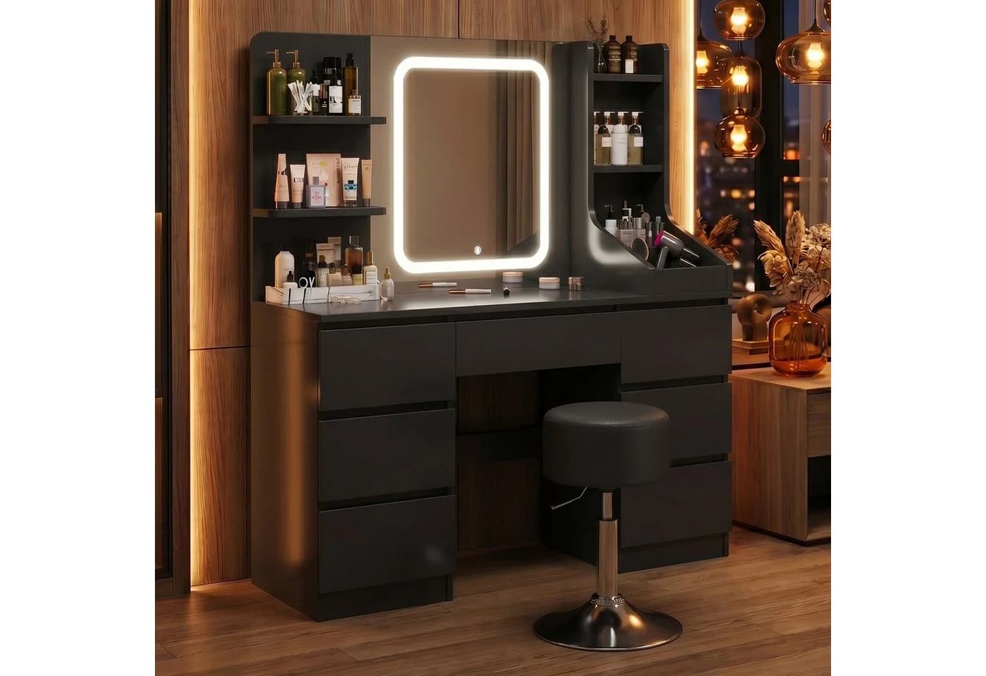 HOMALL Schminktisch Set mit LED-Beleuchtung, 7 Schubladen, Hocker inkl. - Bild 2