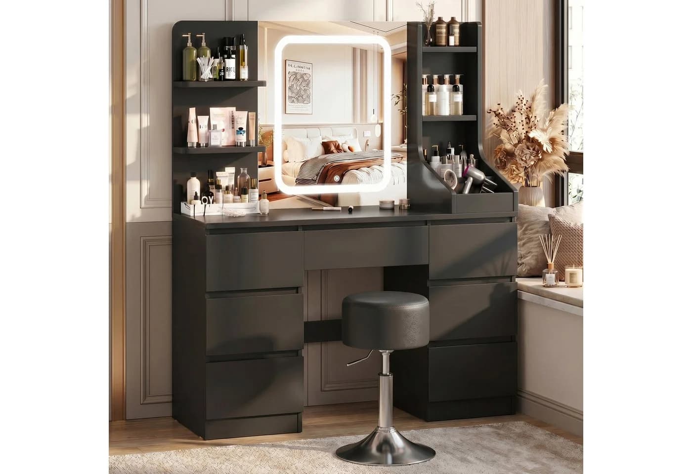 HOMALL Schminktisch Set mit LED-Beleuchtung, 7 Schubladen, Hocker inkl. - Bild 4