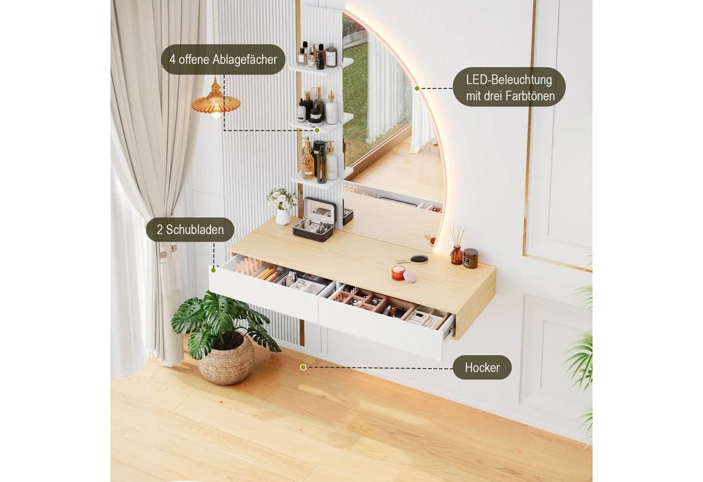 HOMALL Hängender Schminktisch mit LED-Beleuchtung Weiß/Schwarz - Bild 4