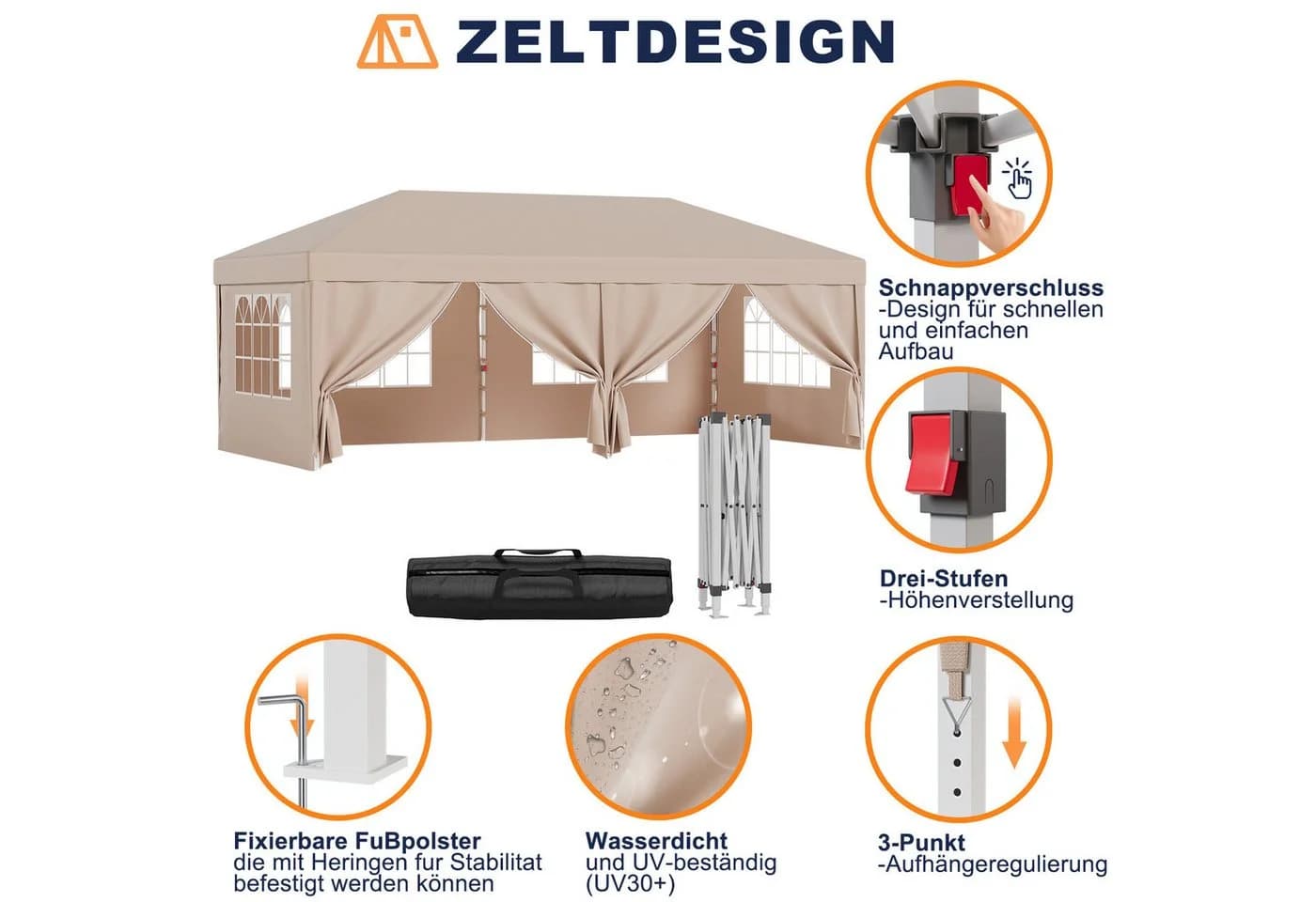 HOMALL Faltpavillon 3x6m Beige/Grau/Blau Wasserdicht Gartenzelt - Bild 4