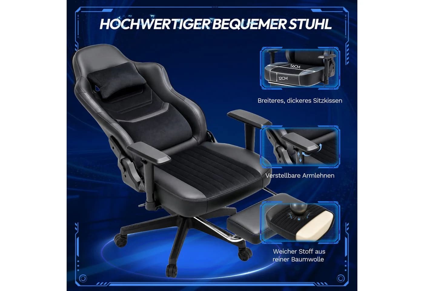 HOMALL Gaming-Stuhl 165° Neigung Schwarz Samt PU-Leder - Bild 4
