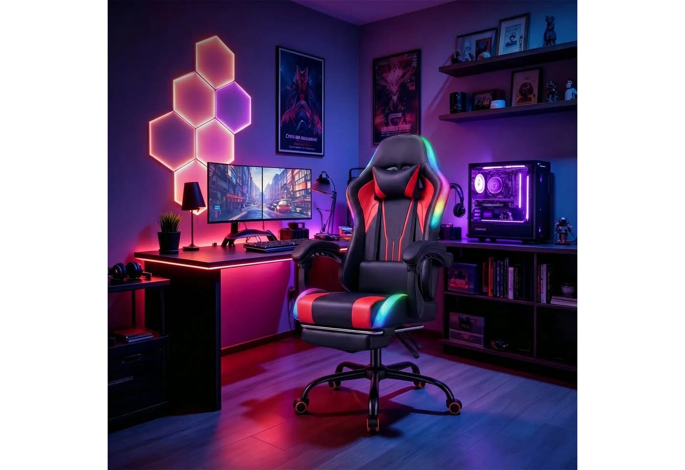 HOMALL Gaming-Stuhl mit LED, Ergonomisch, Fußstütze, Blau