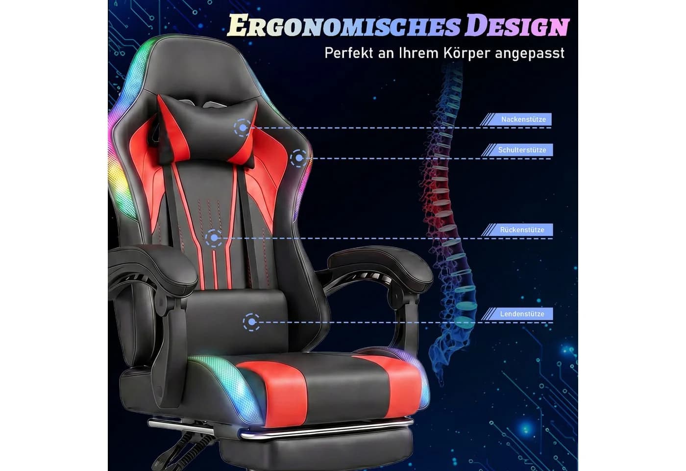 HOMALL Gaming-Stuhl mit LED, Ergonomisch, Fußstütze, Blau - Bild 4