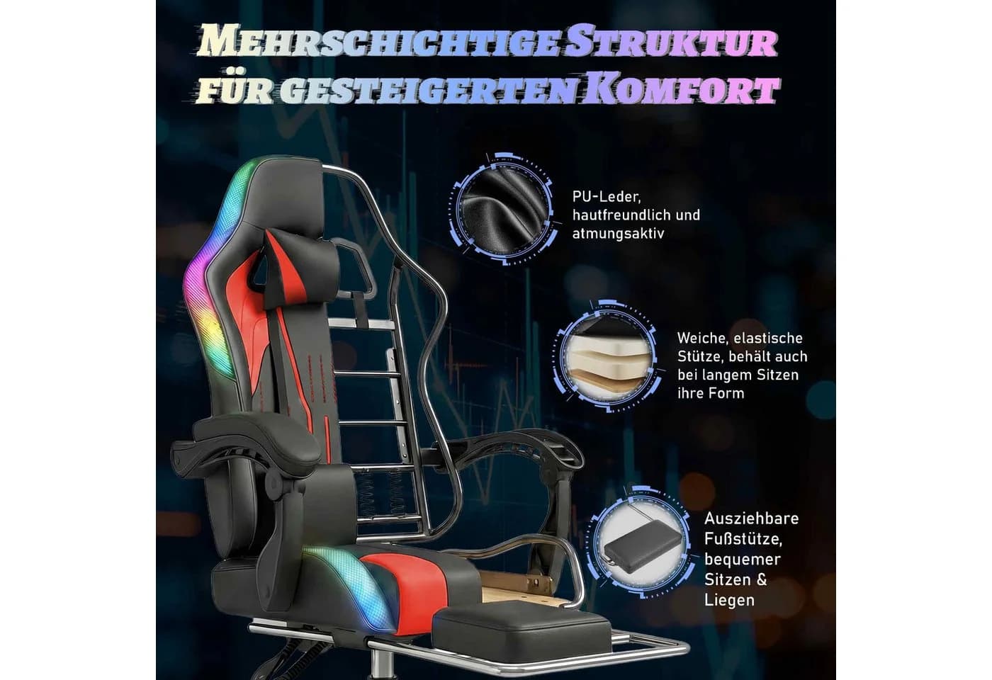 HOMALL Gaming-Stuhl mit LED, Ergonomisch, Fußstütze, Blau - Bild 5