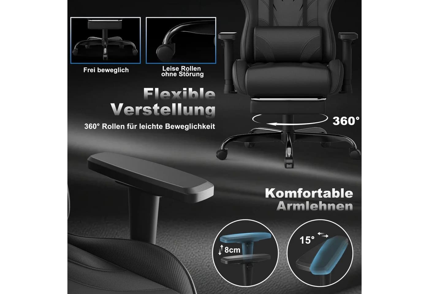 HOMALL Gaming-Stuhl mit Massage, Fußstütze & verstellbarer Rückenlehne Schwarz - Bild 3