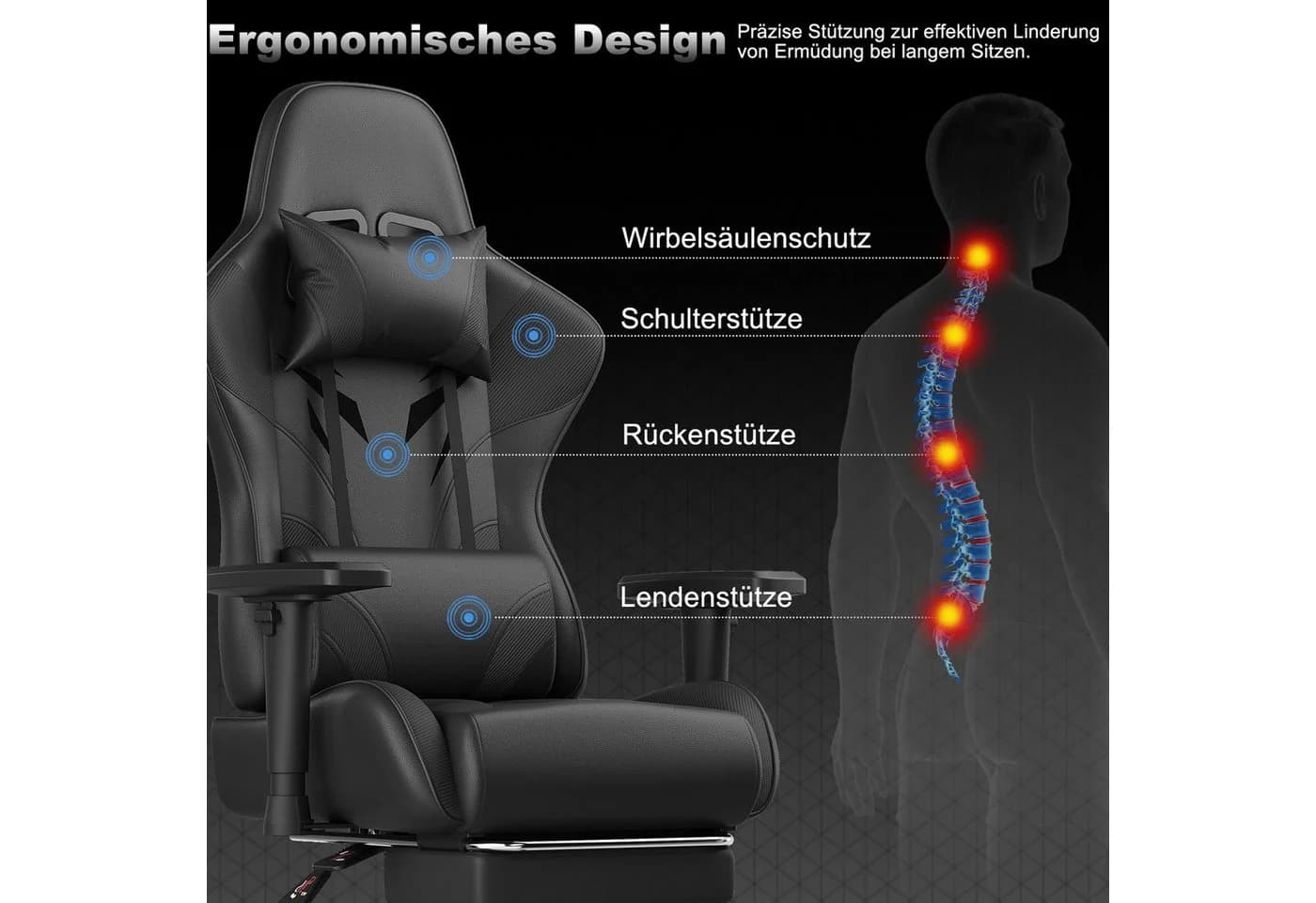 HOMALL Gaming-Stuhl mit Massage, Fußstütze & verstellbarer Rückenlehne Schwarz - Bild 4