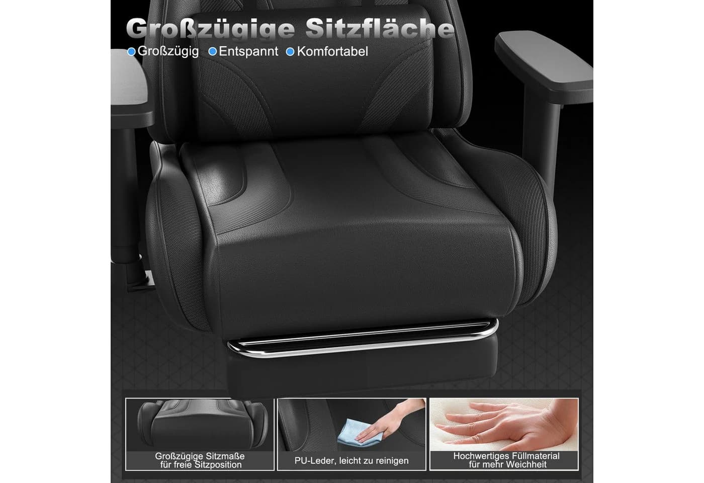 HOMALL Gaming-Stuhl mit Massage, Fußstütze & verstellbarer Rückenlehne Schwarz - Bild 5