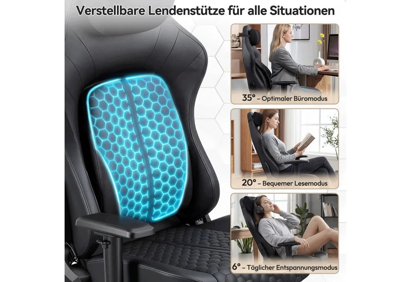 HOMALL Gaming-Stuhl Schwarz mit verstellbarer Lendenstütze