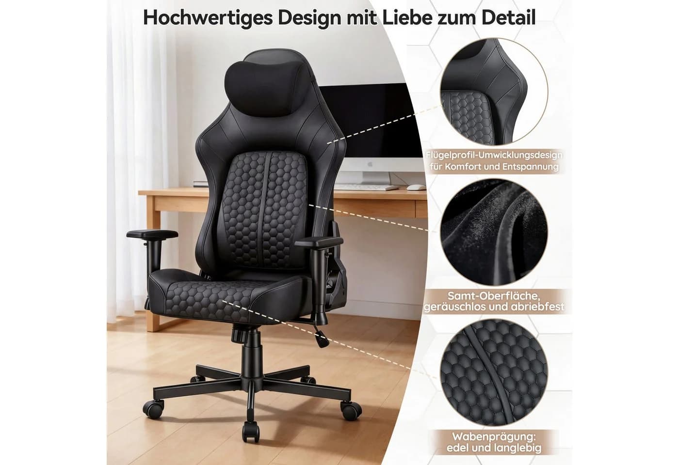 HOMALL Gaming-Stuhl Schwarz mit verstellbarer Lendenstütze - Bild 5