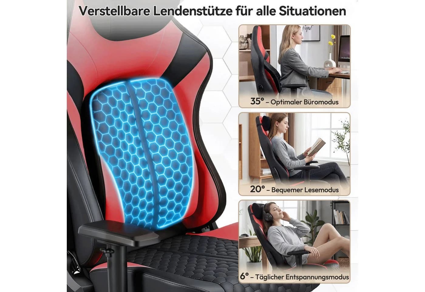 HOMALL Gaming-Stuhl Rot mit verstellbarer Lendenstütze und 2D-Armlehnen
