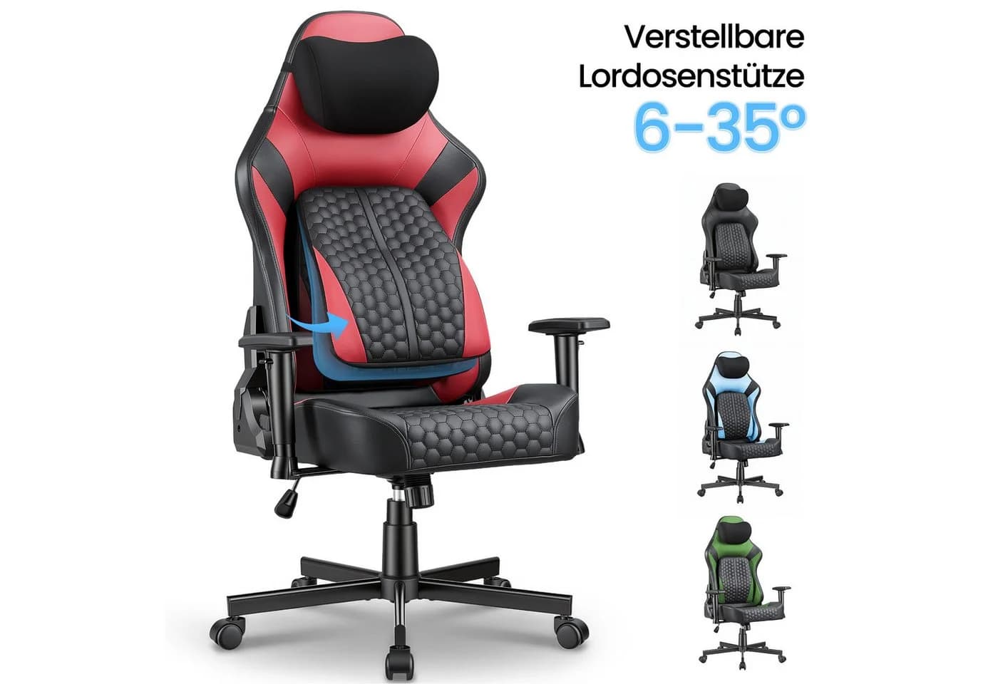 HOMALL Gaming-Stuhl Rot mit verstellbarer Lendenstütze und 2D-Armlehnen - Bild 2