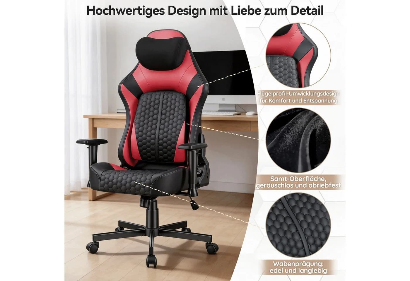 HOMALL Gaming-Stuhl Rot mit verstellbarer Lendenstütze und 2D-Armlehnen - Bild 5