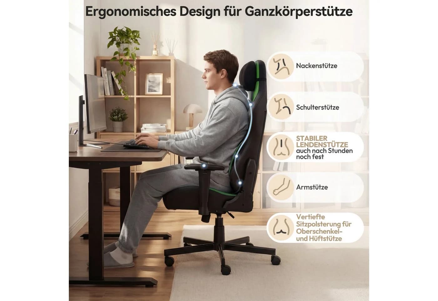 HOMALL Gaming-Stuhl Grün mit verstellbarer Lendenstütze und 2D-Armlehnen - Bild 3