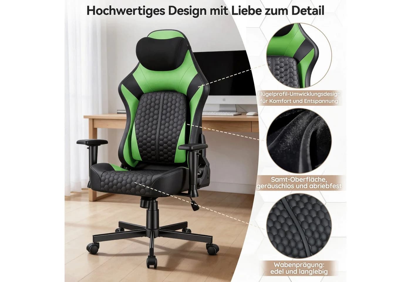 HOMALL Gaming-Stuhl Grün mit verstellbarer Lendenstütze und 2D-Armlehnen - Bild 5