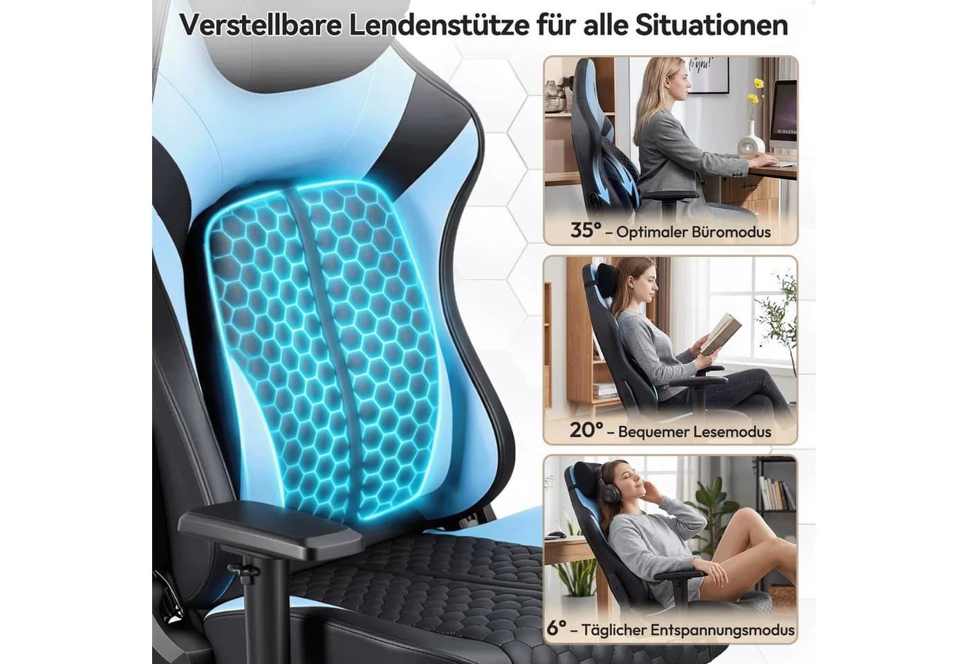HOMALL Gaming-Stuhl Blau mit verstellbarer Lendenstütze und 2D-Armlehnen