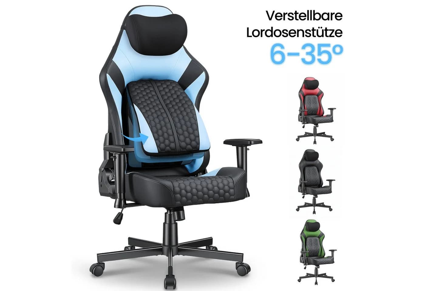 HOMALL Gaming-Stuhl Blau mit verstellbarer Lendenstütze und 2D-Armlehnen - Bild 2