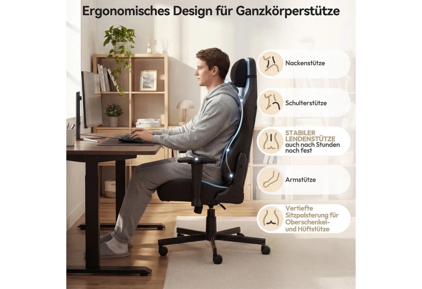 HOMALL Gaming-Stuhl Blau mit verstellbarer Lendenstütze und 2D-Armlehnen - Bild 3
