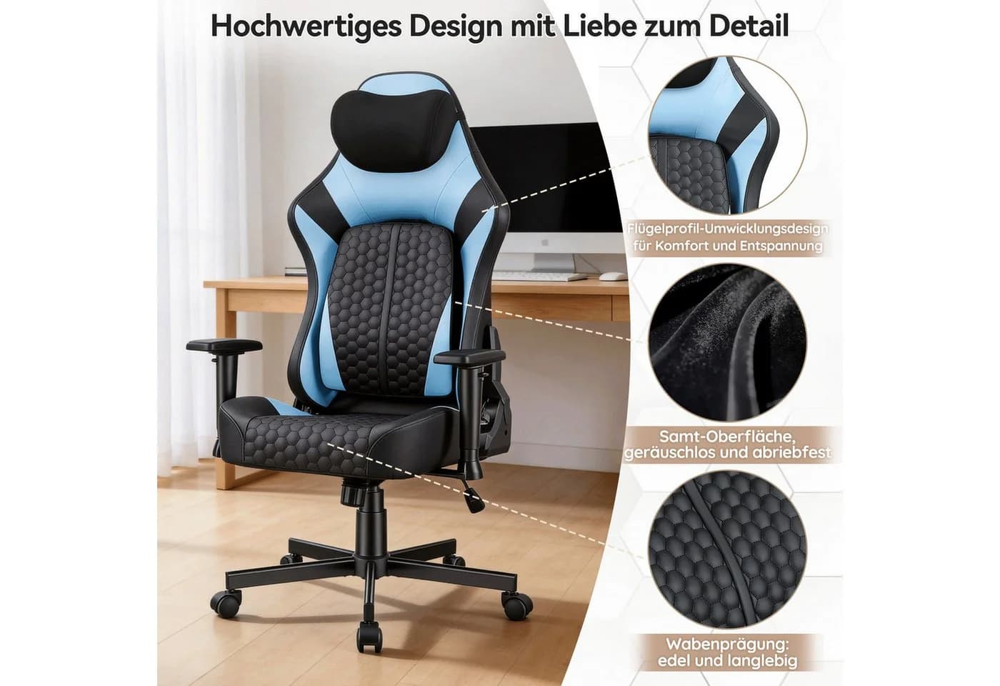 HOMALL Gaming-Stuhl Blau mit verstellbarer Lendenstütze und 2D-Armlehnen - Bild 5