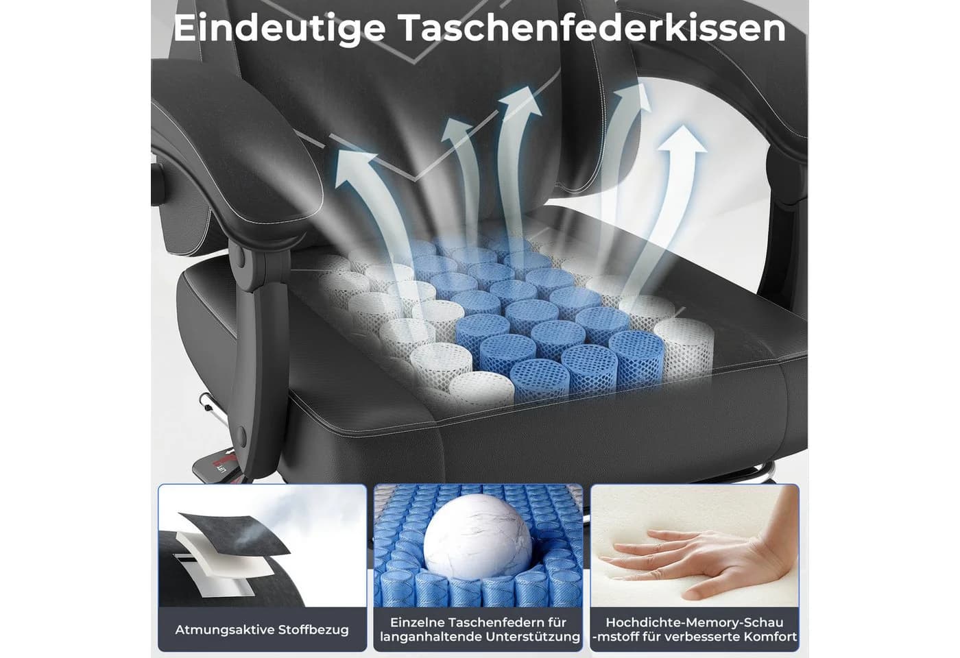 HOMALL Gaming-Stuhl mit Federkern, atmungsaktiver Stoff, Fußstütze, ergonomisch - Bild 3