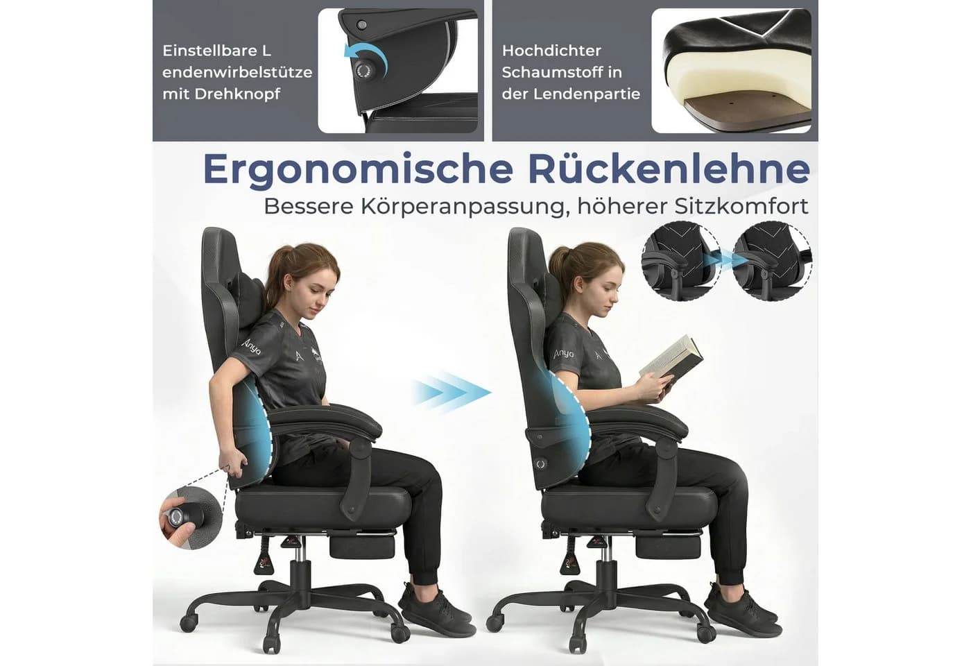 HOMALL Gaming-Stuhl mit Federkern, atmungsaktiver Stoff, Fußstütze, ergonomisch - Bild 5
