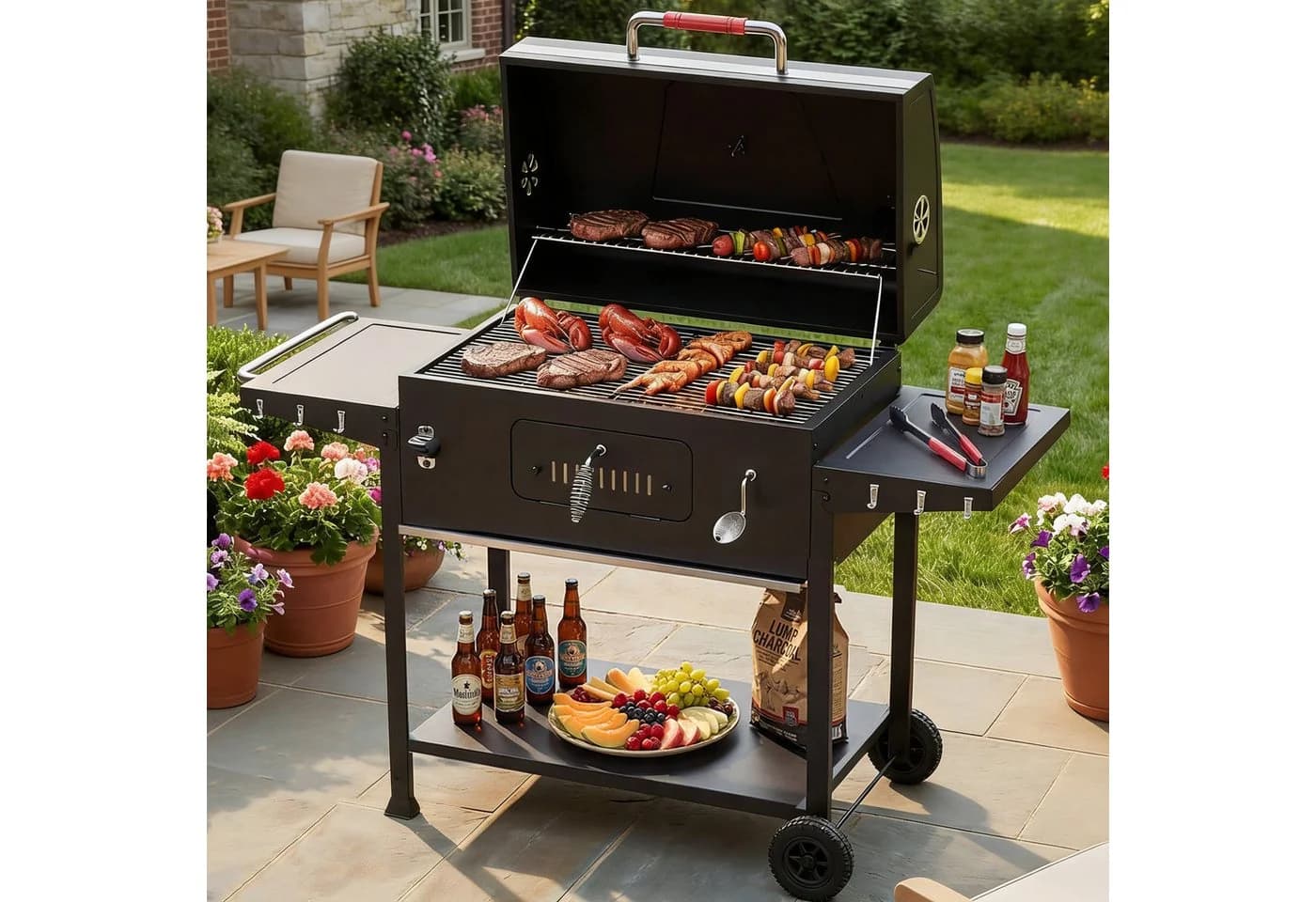 HOMALL Holzkohlegrillwagen XXL mit Thermometer & Rollen Schwarz - Bild 2