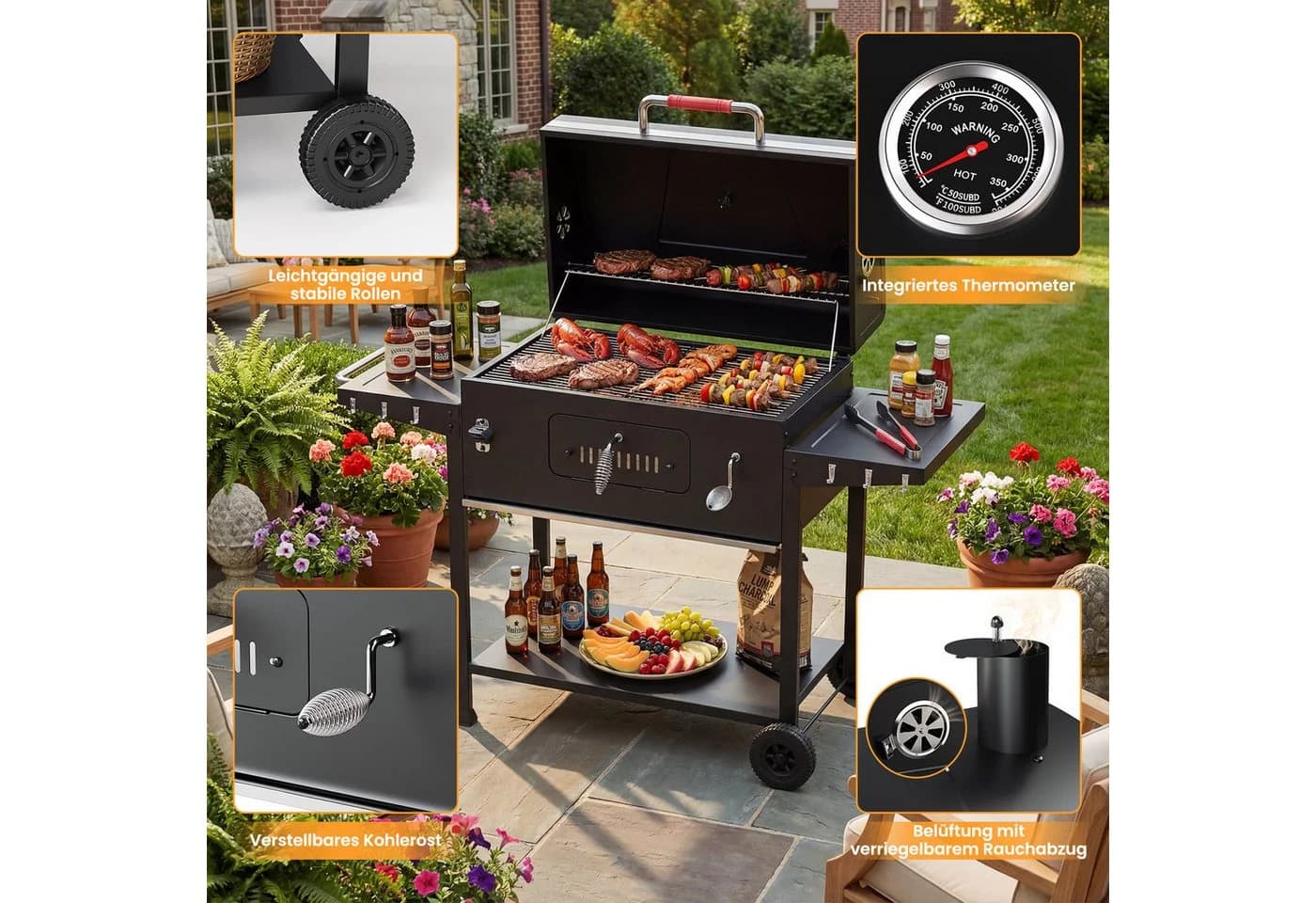 HOMALL Holzkohlegrillwagen XXL mit Thermometer & Rollen Schwarz - Bild 3