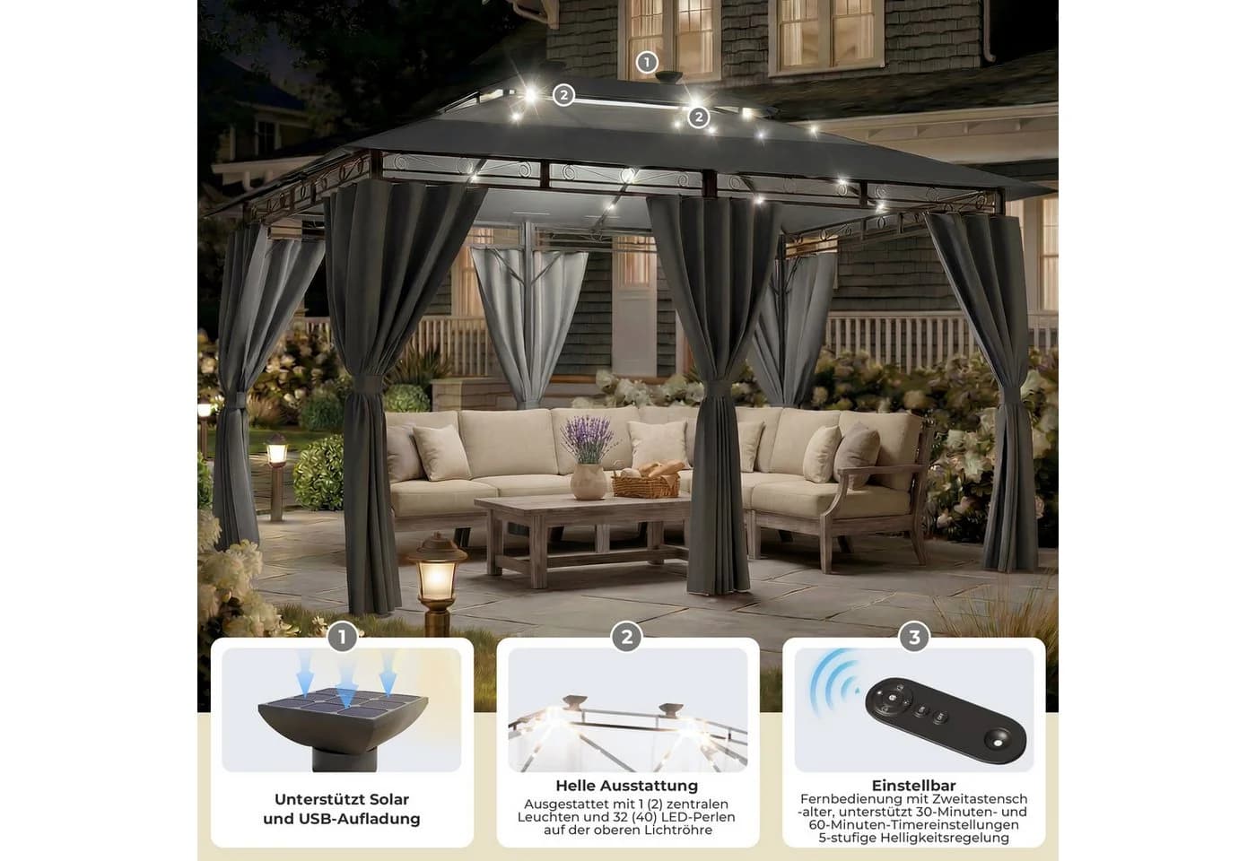 HOMALL Gartenpavillon 3x4m Grau mit LED-Solarleuchten & 6 Seitenwänden - Bild 5