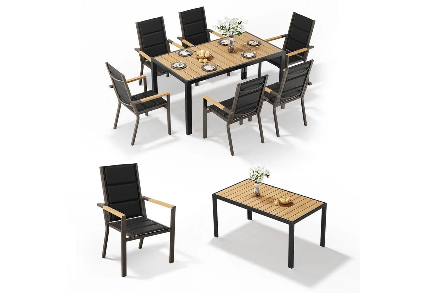 HOMALL Garten-Essgruppe 7-tlg. Aluminium Holzoptik Grau Beige