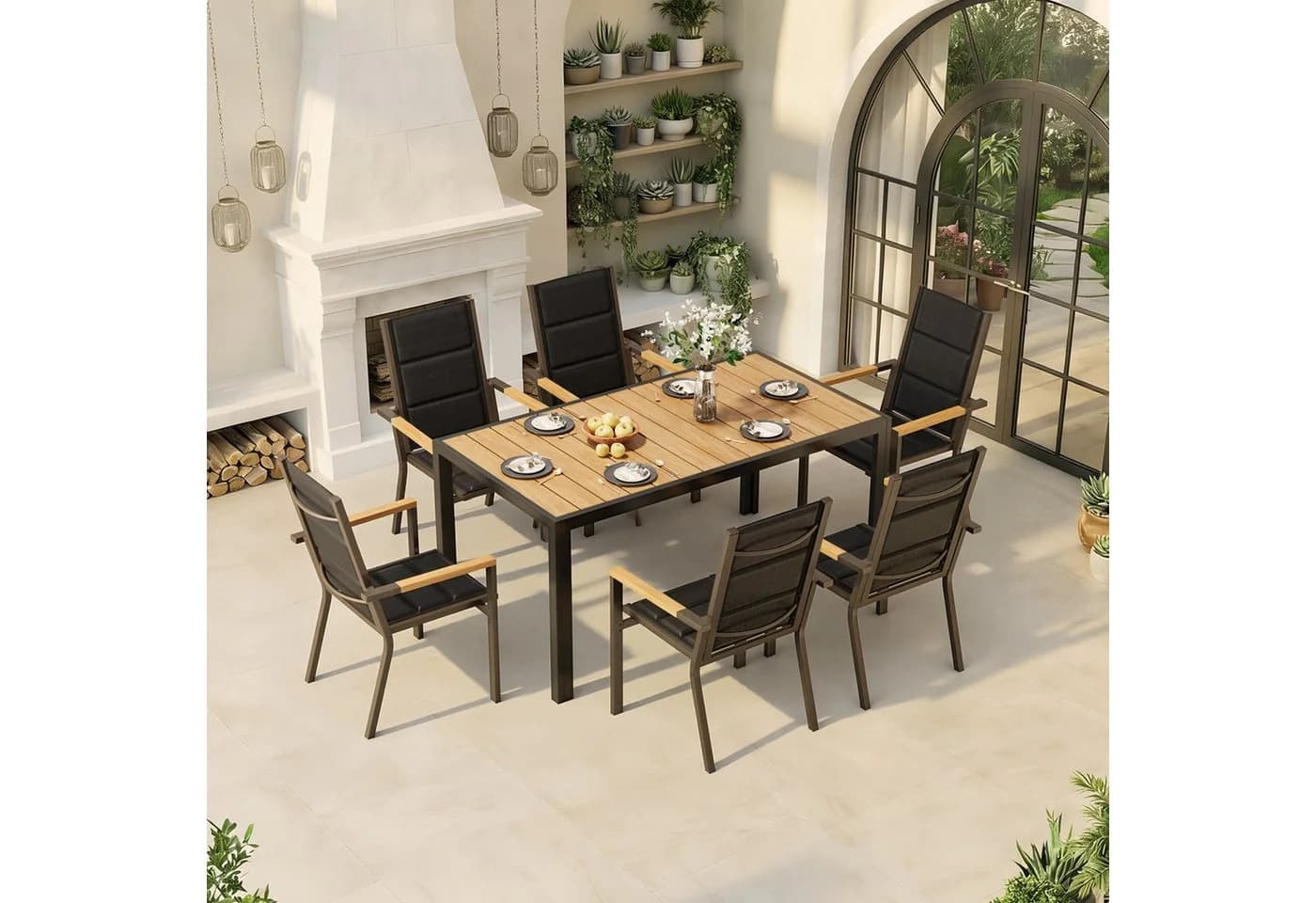 HOMALL Garten-Essgruppe 7-tlg. Aluminium Holzoptik Grau Beige - Bild 2
