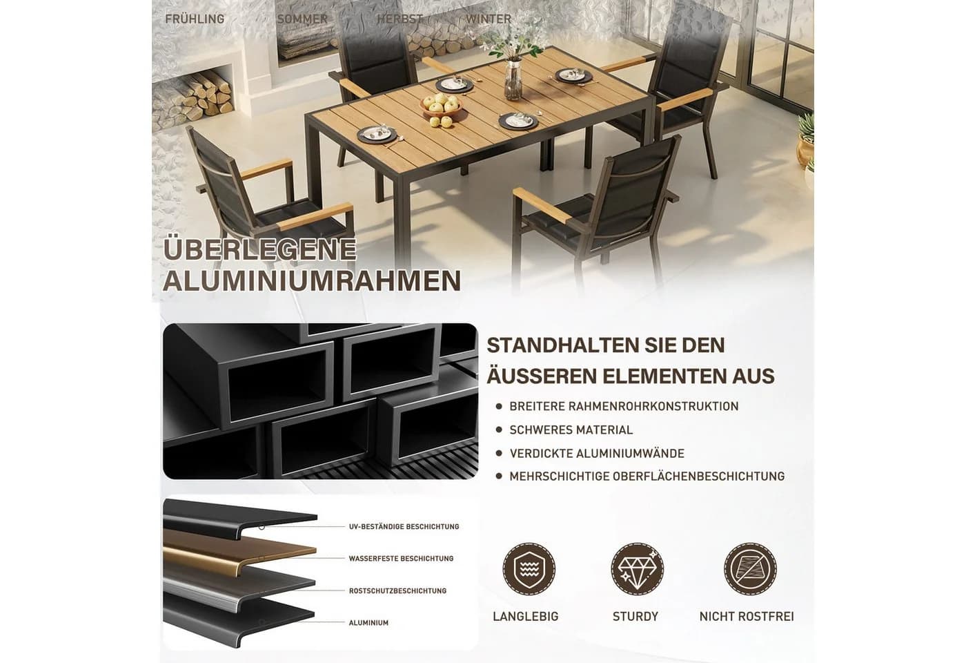 HOMALL Garten-Essgruppe 7-tlg. Aluminium Holzoptik Grau Beige - Bild 3